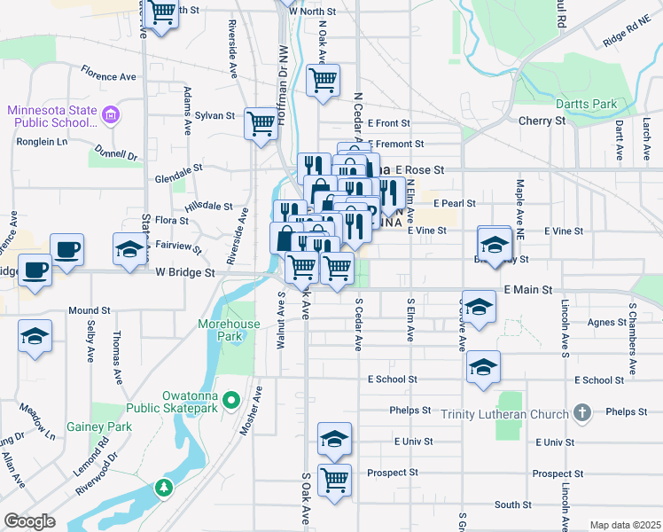map of restaurants, bars, coffee shops, grocery stores, and more near 146 West Broadway Street in Owatonna