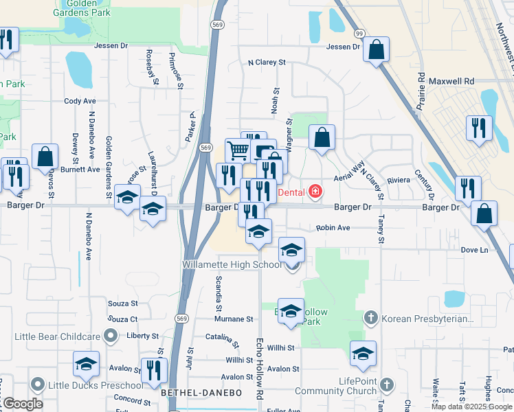 map of restaurants, bars, coffee shops, grocery stores, and more near 4235 Barger Drive in Eugene