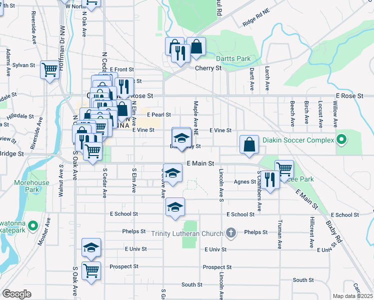 map of restaurants, bars, coffee shops, grocery stores, and more near 345 Broadway Street in Owatonna