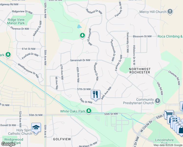 map of restaurants, bars, coffee shops, grocery stores, and more near 5931 Shetland Drive Northwest in Rochester
