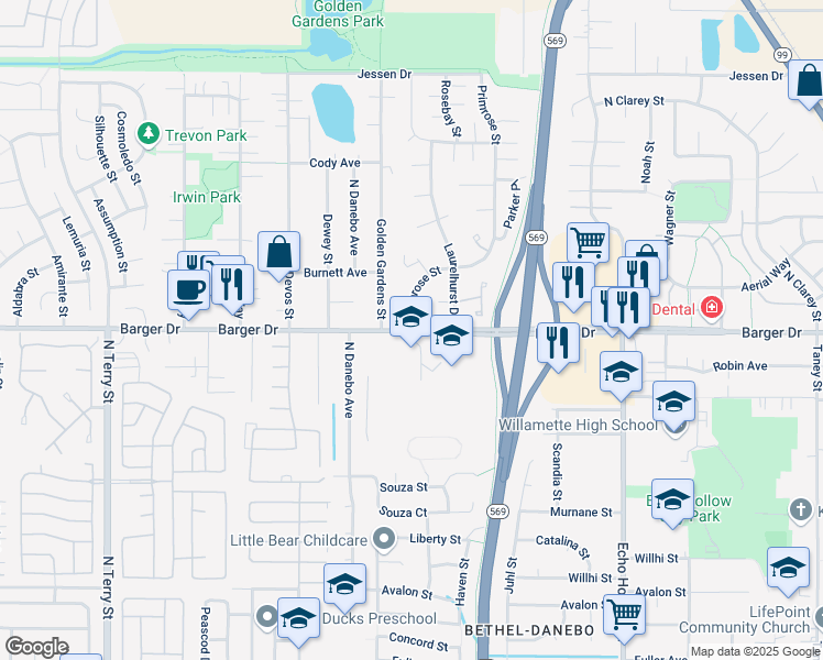 map of restaurants, bars, coffee shops, grocery stores, and more near Barger Drive & Primrose Street in Eugene
