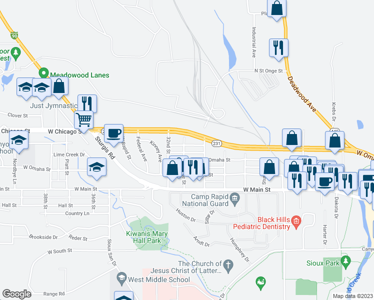 map of restaurants, bars, coffee shops, grocery stores, and more near 3104 West Saint Louis Street in Rapid City
