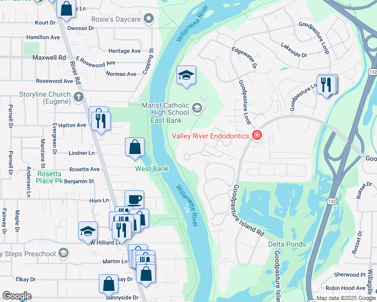map of restaurants, bars, coffee shops, grocery stores, and more near 690 Kingsley Road in Eugene