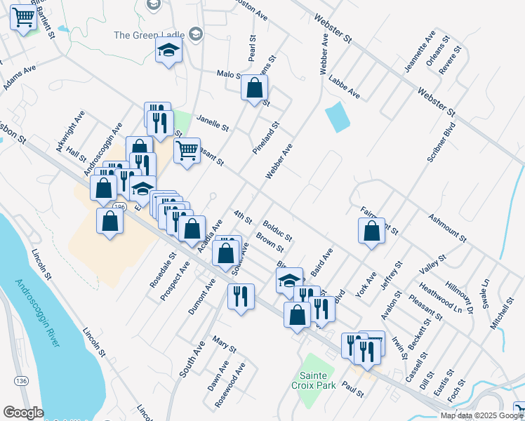 map of restaurants, bars, coffee shops, grocery stores, and more near 253 Webber Avenue in Lewiston