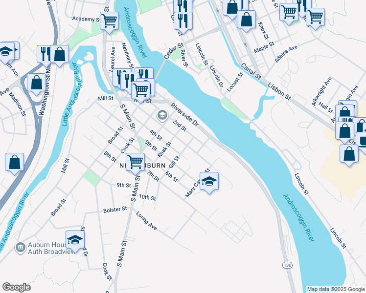 map of restaurants, bars, coffee shops, grocery stores, and more near 116 3rd Street in Auburn