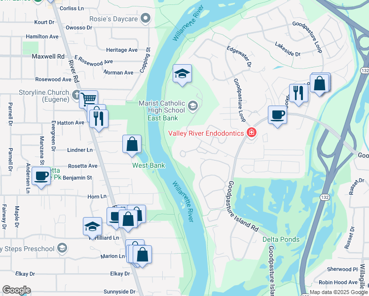 map of restaurants, bars, coffee shops, grocery stores, and more near 690 Kingsley Road in Eugene