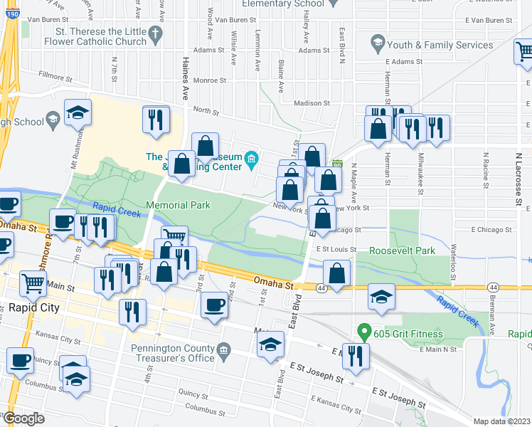 map of restaurants, bars, coffee shops, grocery stores, and more near 111 New York Street in Rapid City