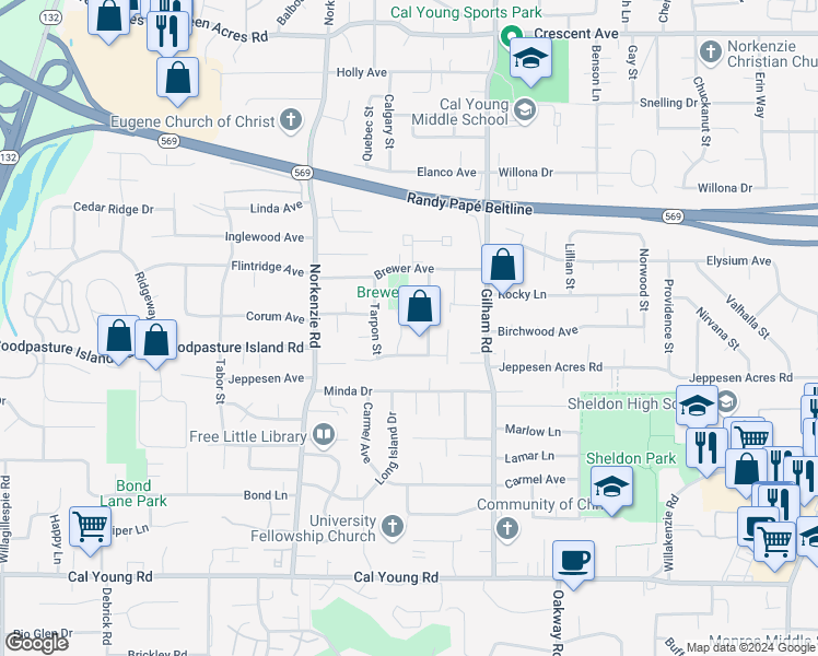 map of restaurants, bars, coffee shops, grocery stores, and more near 1998 Shiloh Street in Eugene