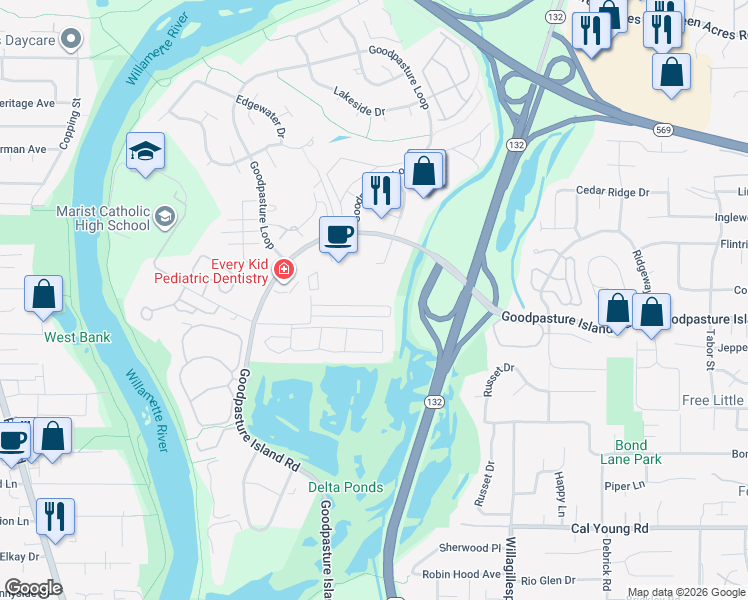 map of restaurants, bars, coffee shops, grocery stores, and more near 1021 North Pond Road in Eugene