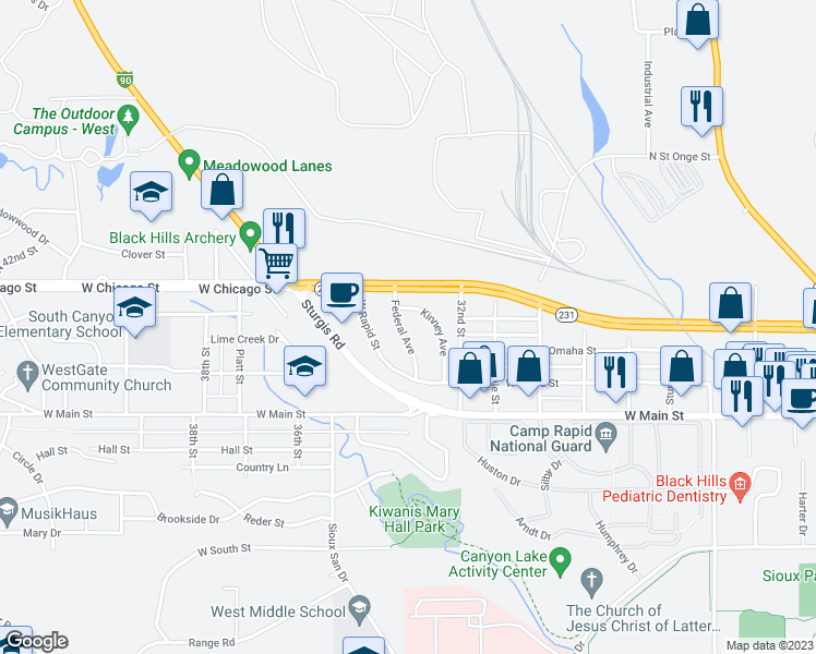 map of restaurants, bars, coffee shops, grocery stores, and more near 208 Federal Avenue in Rapid City