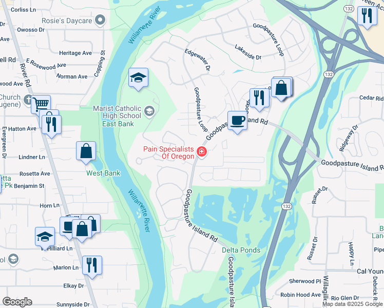 map of restaurants, bars, coffee shops, grocery stores, and more near 1755 Kingsley Road in Eugene