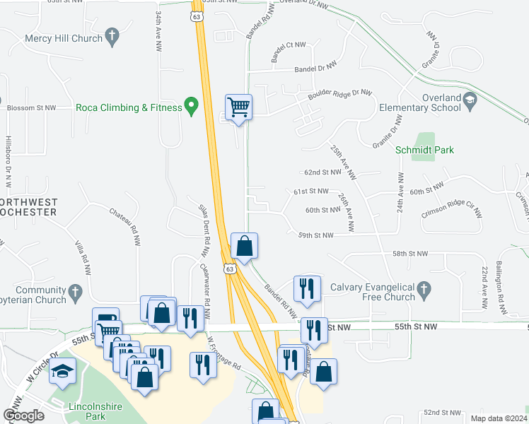 map of restaurants, bars, coffee shops, grocery stores, and more near 2852 59th Street Northwest in Rochester