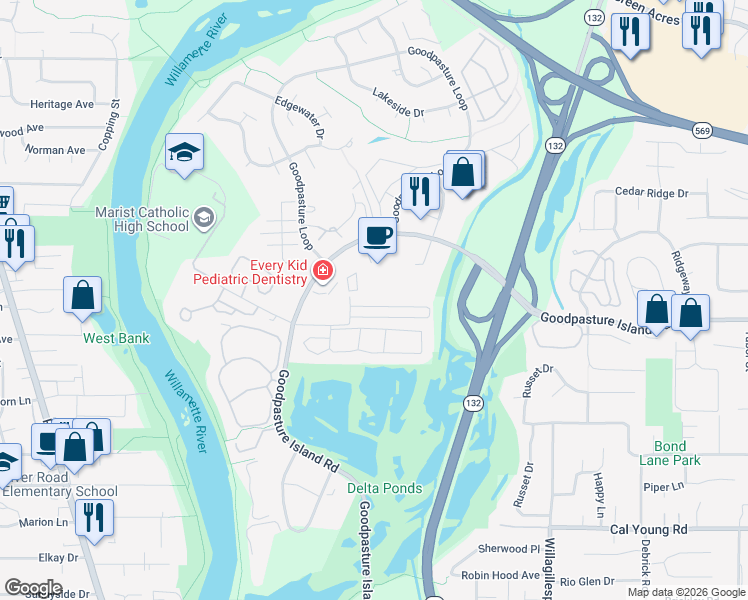 map of restaurants, bars, coffee shops, grocery stores, and more near 1065 North Pond Road in Eugene