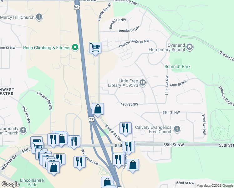 map of restaurants, bars, coffee shops, grocery stores, and more near 2751 59th Street Northwest in Rochester