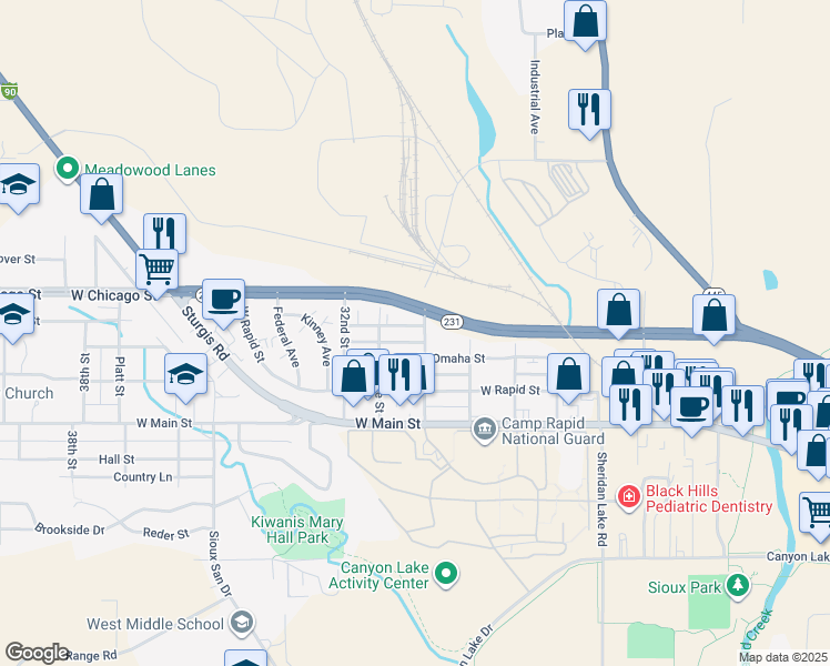 map of restaurants, bars, coffee shops, grocery stores, and more near 152-198 Saint Onge Street in Rapid City