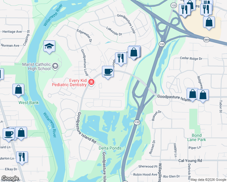 map of restaurants, bars, coffee shops, grocery stores, and more near 846 Goodpasture Island Road in Eugene