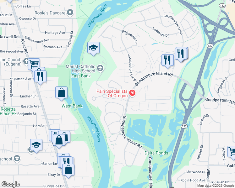 map of restaurants, bars, coffee shops, grocery stores, and more near 1861 Kingsley Road in Eugene