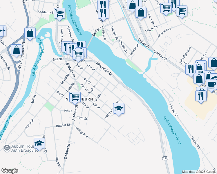 map of restaurants, bars, coffee shops, grocery stores, and more near 149 2nd Street in Auburn