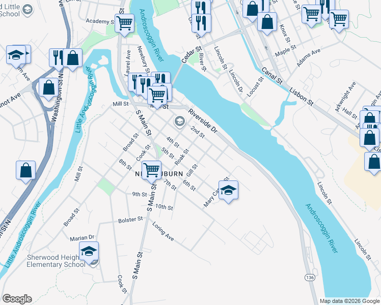 map of restaurants, bars, coffee shops, grocery stores, and more near 116 3rd Street in Auburn