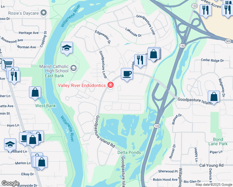 map of restaurants, bars, coffee shops, grocery stores, and more near 799 Pond Lane in Eugene