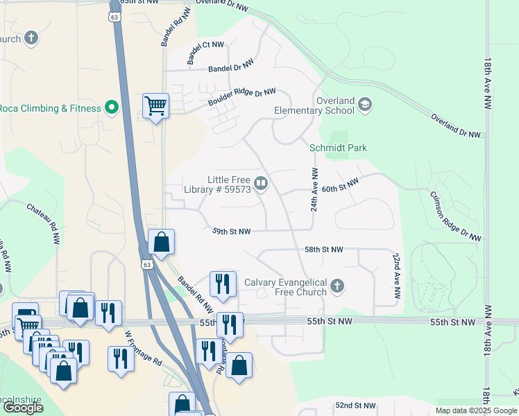 map of restaurants, bars, coffee shops, grocery stores, and more near 2619 60th Street Northwest in Rochester