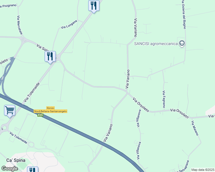 map of restaurants, bars, coffee shops, grocery stores, and more near 188 Via Orsoleto in Provincia di Rimini