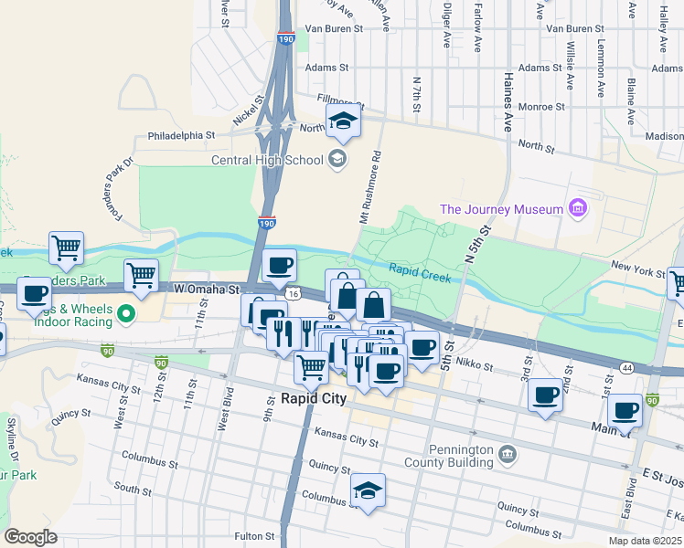 map of restaurants, bars, coffee shops, grocery stores, and more near 8th Street in Rapid City