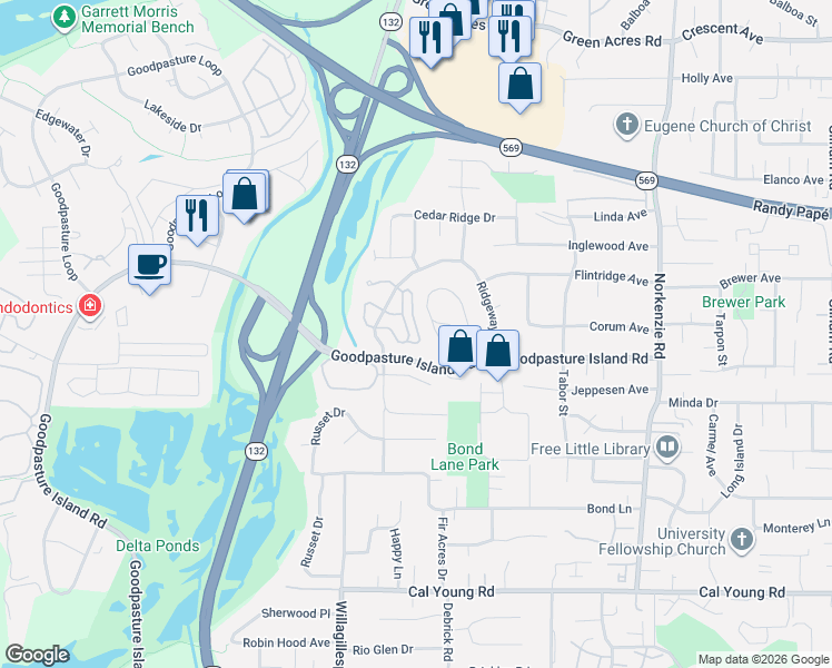 map of restaurants, bars, coffee shops, grocery stores, and more near 2267 Ridgeway Drive in Eugene