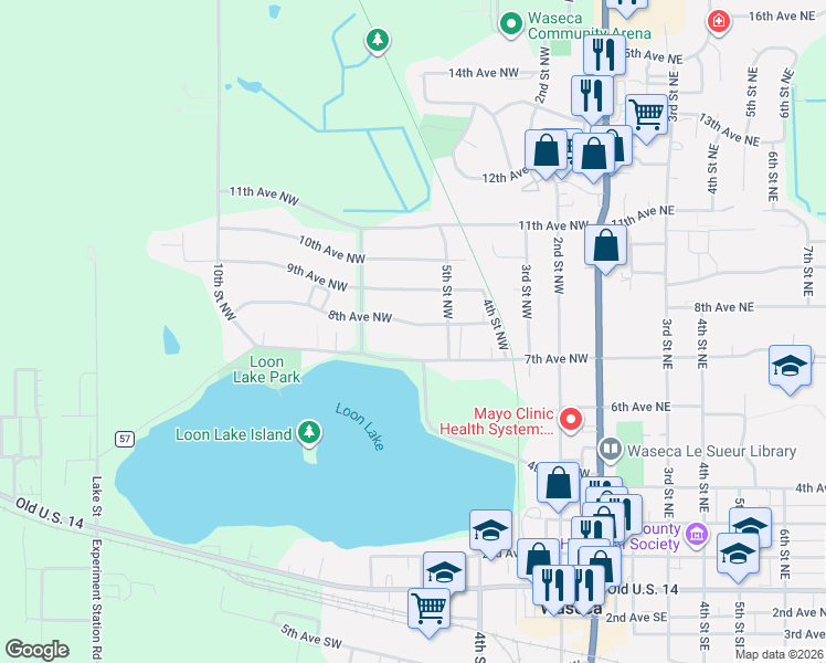 map of restaurants, bars, coffee shops, grocery stores, and more near 517 8th Avenue Northwest in Waseca