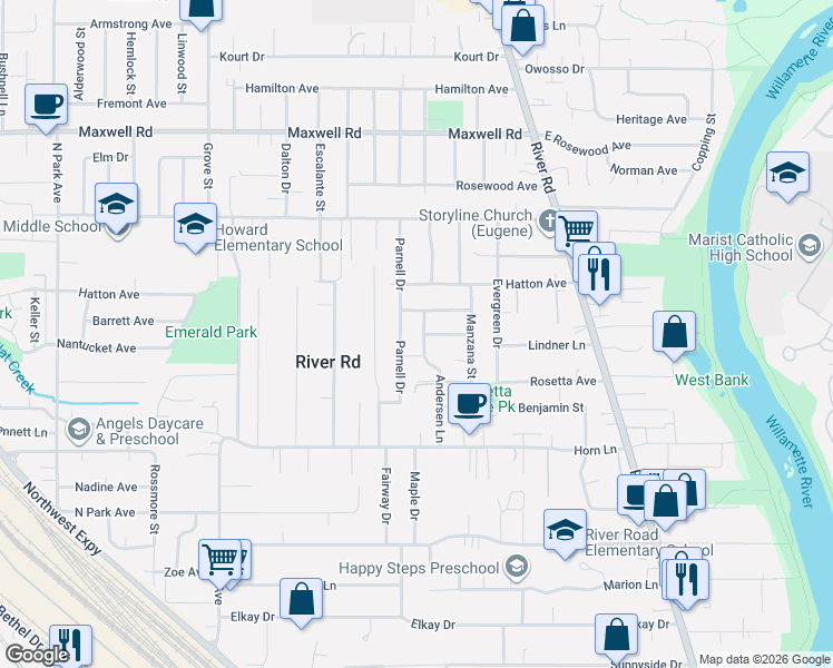 map of restaurants, bars, coffee shops, grocery stores, and more near 1376 Andersen Lane in Eugene