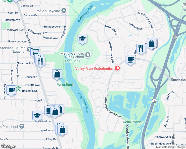 map of restaurants, bars, coffee shops, grocery stores, and more near 1885 Riverwood Drive in Eugene