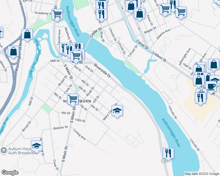 map of restaurants, bars, coffee shops, grocery stores, and more near 149 2nd Street in Auburn
