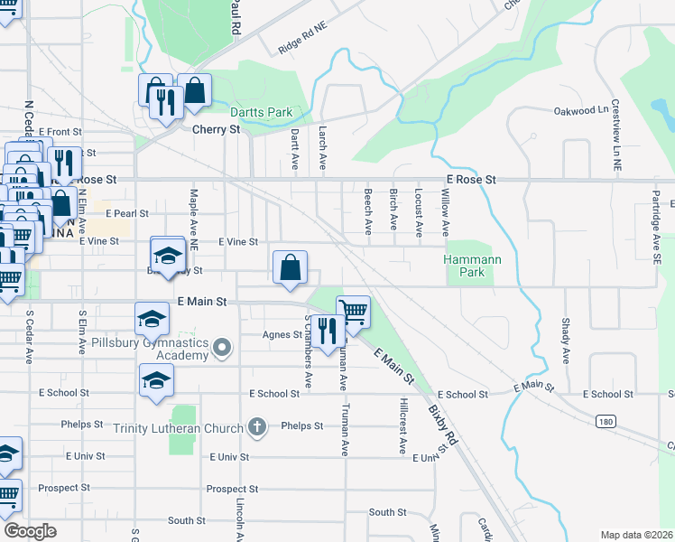 map of restaurants, bars, coffee shops, grocery stores, and more near 614 East Rice Lake Road in Owatonna