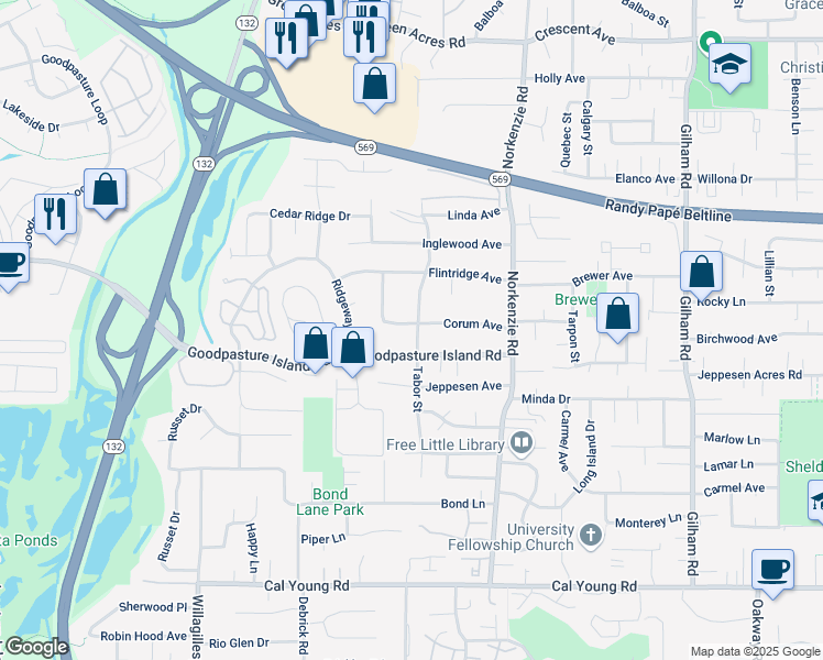 map of restaurants, bars, coffee shops, grocery stores, and more near 1405 Corum Avenue in Eugene