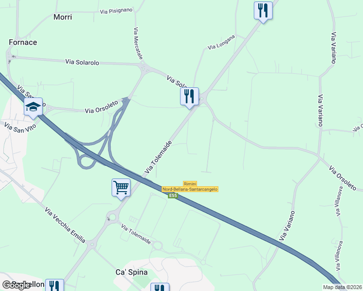 map of restaurants, bars, coffee shops, grocery stores, and more near 230 G Via Orsoleto in Rimini