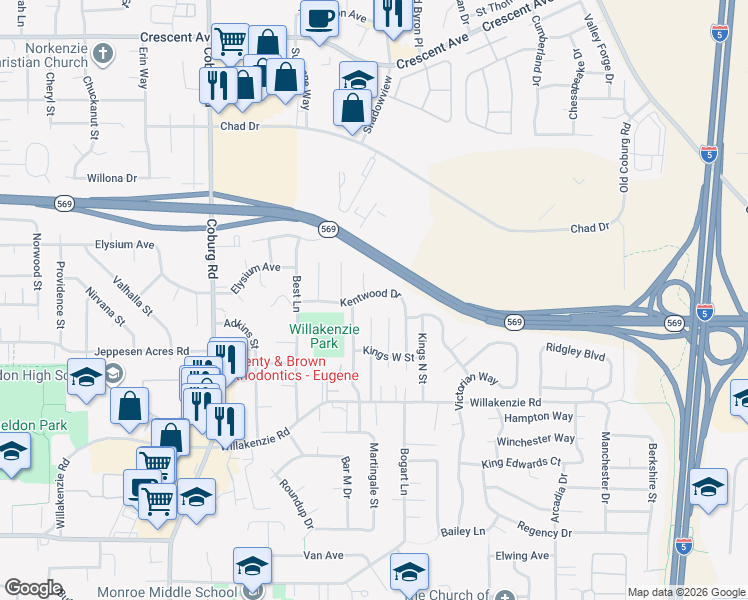 map of restaurants, bars, coffee shops, grocery stores, and more near 3178 Kentwood Drive in Eugene