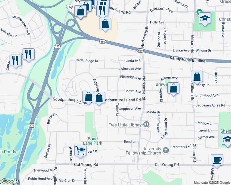 map of restaurants, bars, coffee shops, grocery stores, and more near 1405 Corum Avenue in Eugene