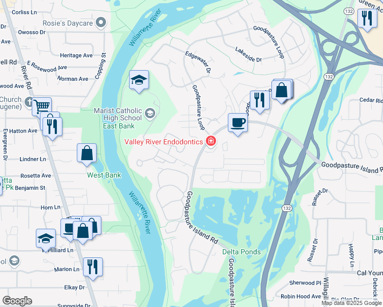 map of restaurants, bars, coffee shops, grocery stores, and more near 1755 Kingsley Road in Eugene