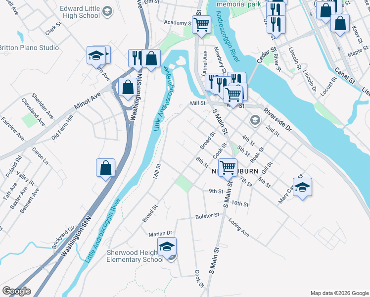 map of restaurants, bars, coffee shops, grocery stores, and more near 26 8th Street in Auburn