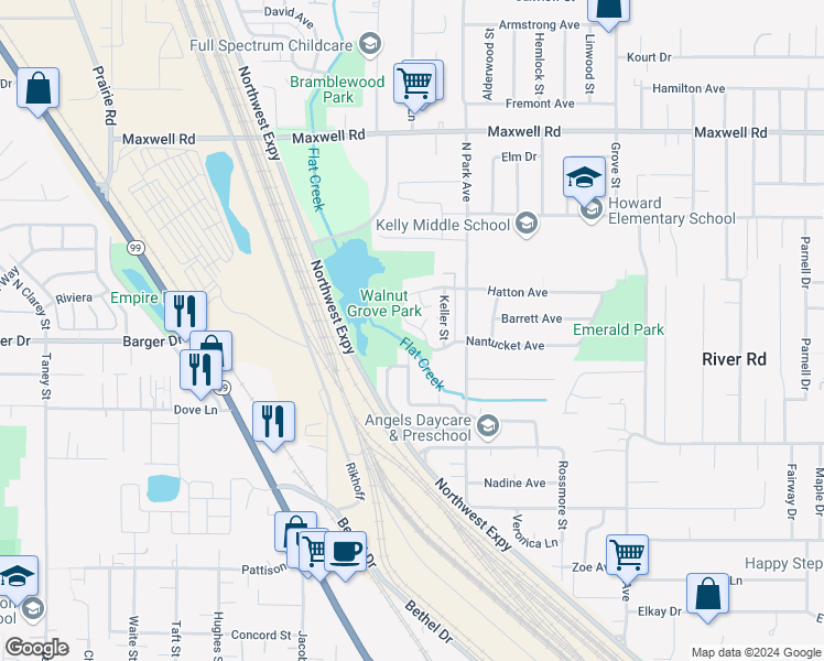 map of restaurants, bars, coffee shops, grocery stores, and more near 1055 Hatton Avenue in Eugene