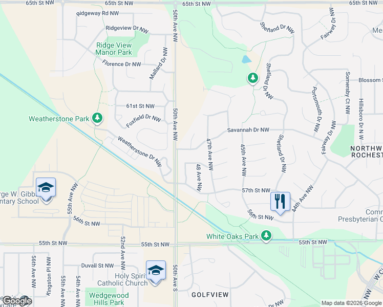 map of restaurants, bars, coffee shops, grocery stores, and more near 4900 Savannah Drive Northwest in Rochester