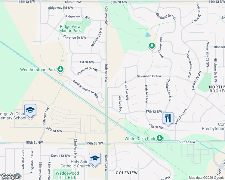 map of restaurants, bars, coffee shops, grocery stores, and more near 4900 Savannah Dr NW in Rochester