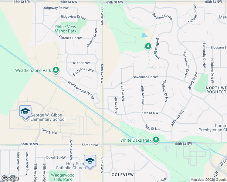 map of restaurants, bars, coffee shops, grocery stores, and more near 4764 Savannah Drive Northwest in Rochester