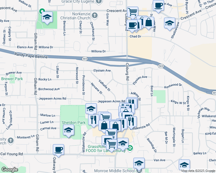 map of restaurants, bars, coffee shops, grocery stores, and more near 2095 Valhalla Street in Eugene