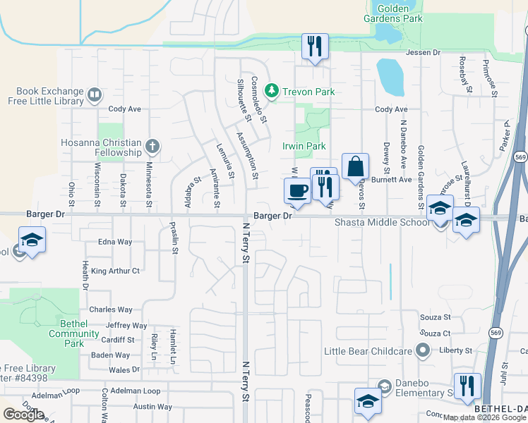 map of restaurants, bars, coffee shops, grocery stores, and more near 5169 Barger Drive in Eugene