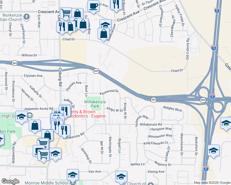 map of restaurants, bars, coffee shops, grocery stores, and more near 3178 Kentwood Drive in Eugene