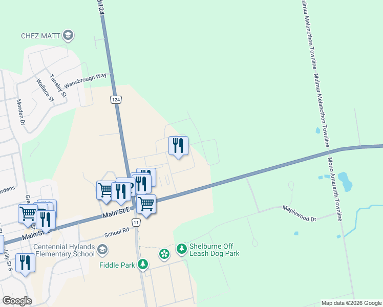 map of restaurants, bars, coffee shops, grocery stores, and more near 505425-505499 Highway 24 in Shelburne