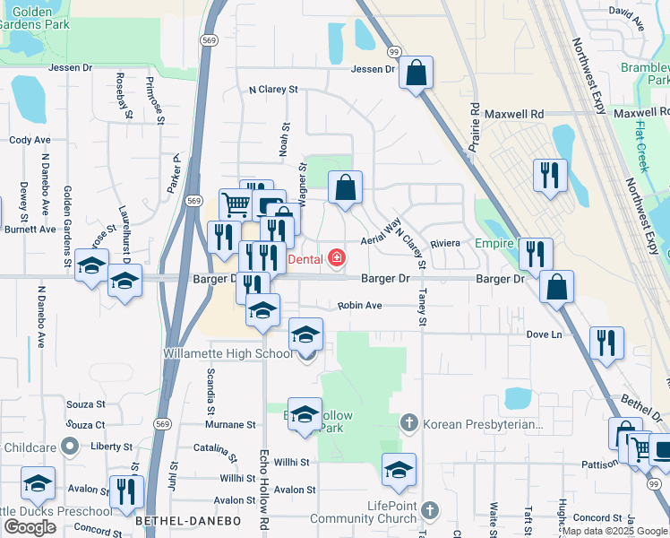 map of restaurants, bars, coffee shops, grocery stores, and more near 4120 Quest Drive in Eugene