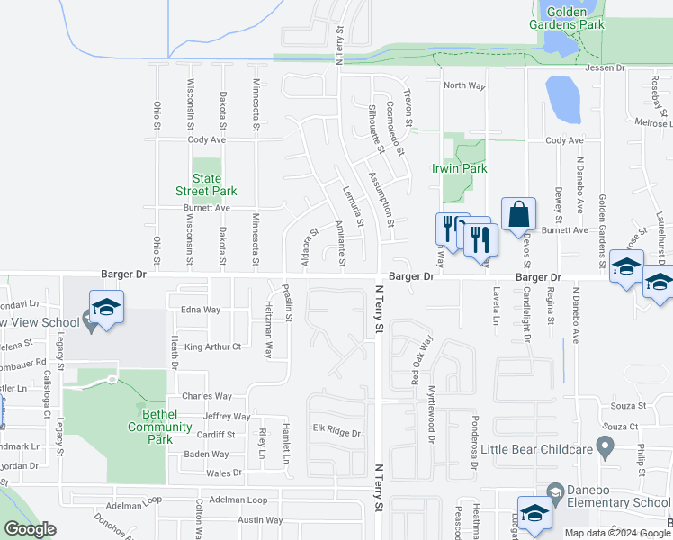map of restaurants, bars, coffee shops, grocery stores, and more near 5311 Barger Drive in Eugene