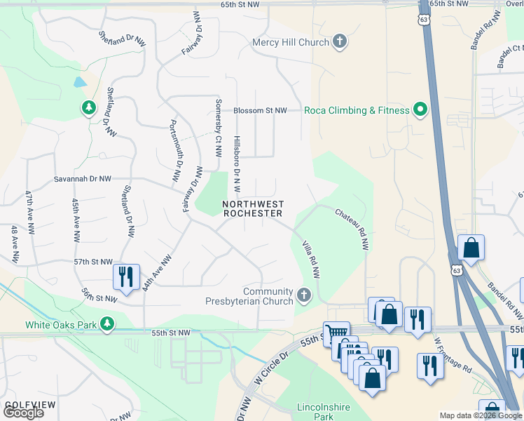 map of restaurants, bars, coffee shops, grocery stores, and more near 3911 Villa Road Northwest in Rochester